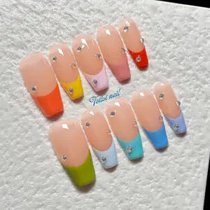French Tip Rhinestone Bundle Handmade Press-On Fake Nails Set | Medium Coffin Shape, 10pcs Handmade | Multiple Colors | Nude Base with French Tip & Silver Rhinestone | High Gloss Finish | Reusable DIY Nail Kit | Daily & Date Wear | Summer Nails