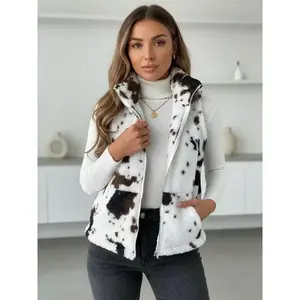 Women’s cow-print plush zip-up vest, autumn–winter casual high-neck vest jacket with pocket collar, women’s everyday top, comfortable women’s apparel