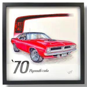 1970 Plymouth 'Cuda Classic Car Wall Art, 16x16 Inch Screen Printed Shadowbox, Black Wood Frame, Glass Print, Ready to Hang