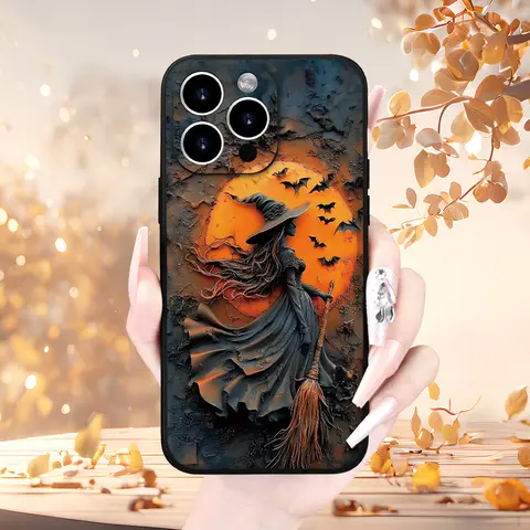 Halloween Customized Patterned TPU Smartphone Case - Unique Witch, Skull, Ghost, Pumpkin, Bat Designs, Shockproof Drop-Proof Full-Coverage Accessory for iPhone 16 Pro Max,15,15 Plus,14,13,12,11, Ideal Halloween Gift, Halloween Gifts
