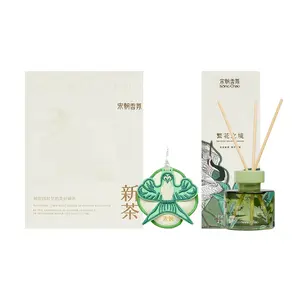 SONG CHAO Floral Realm Series - No Fire Essential Oil Diffuser with Spring Rain Green Tea Scent (120ml) + Embroidered Sachet - Fresh Green Tea Aroma