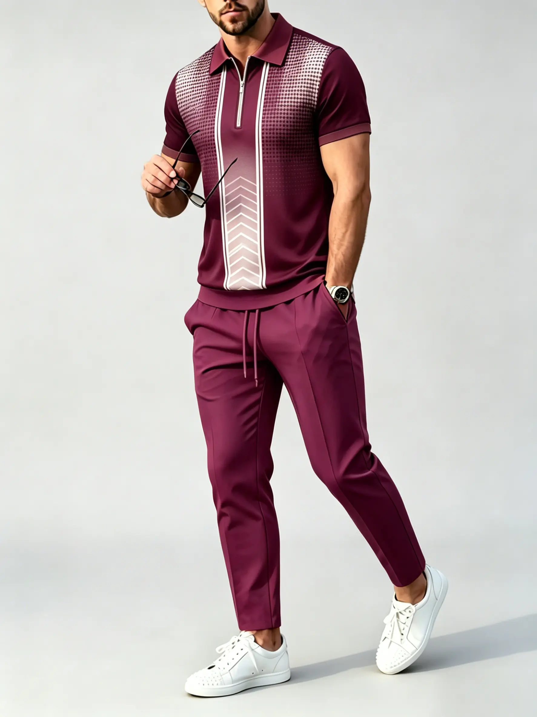 Men's 2-Piece Casual Set - Geometric Printed Polo Shirt & Solid Color Pants, Comfortable Outfit for Work, Weekends
