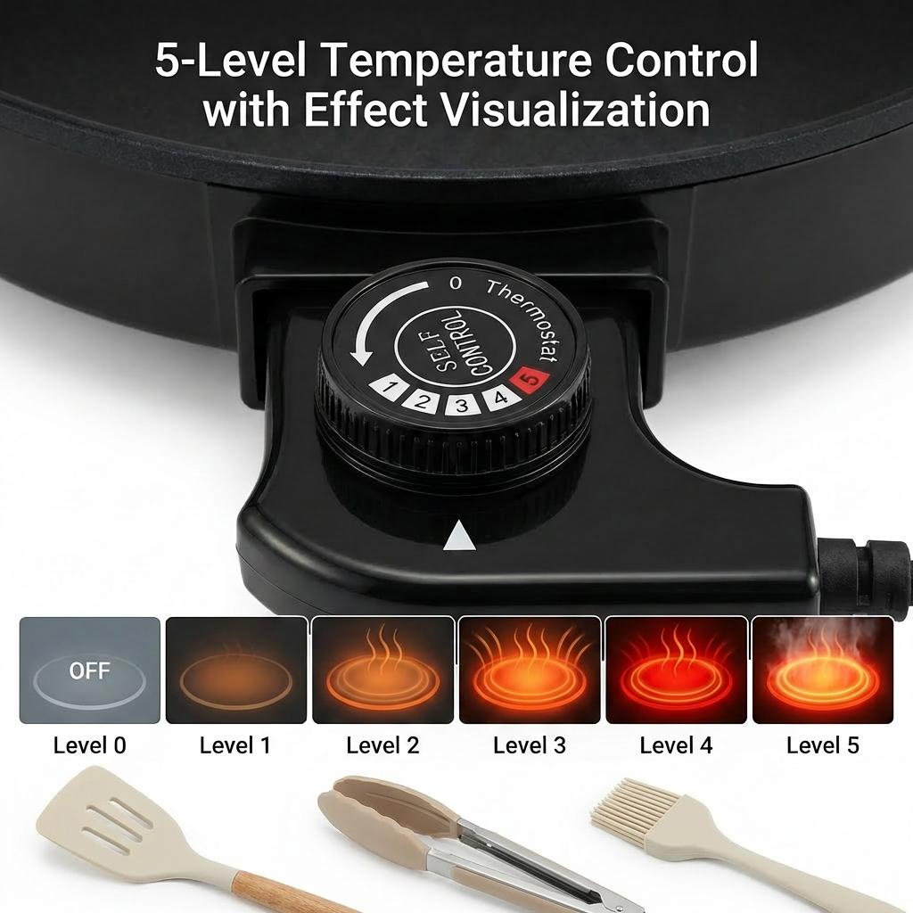 PRTYY Multifunctional Cooker, 40cm Round Electric Skillet with Frying Pan Function, 4cm Deep Non-Stick Surface, 5-Level Temp Control, Glass Lid, Fry Roast Simmer Capabilities, Ideal for Family Meals
