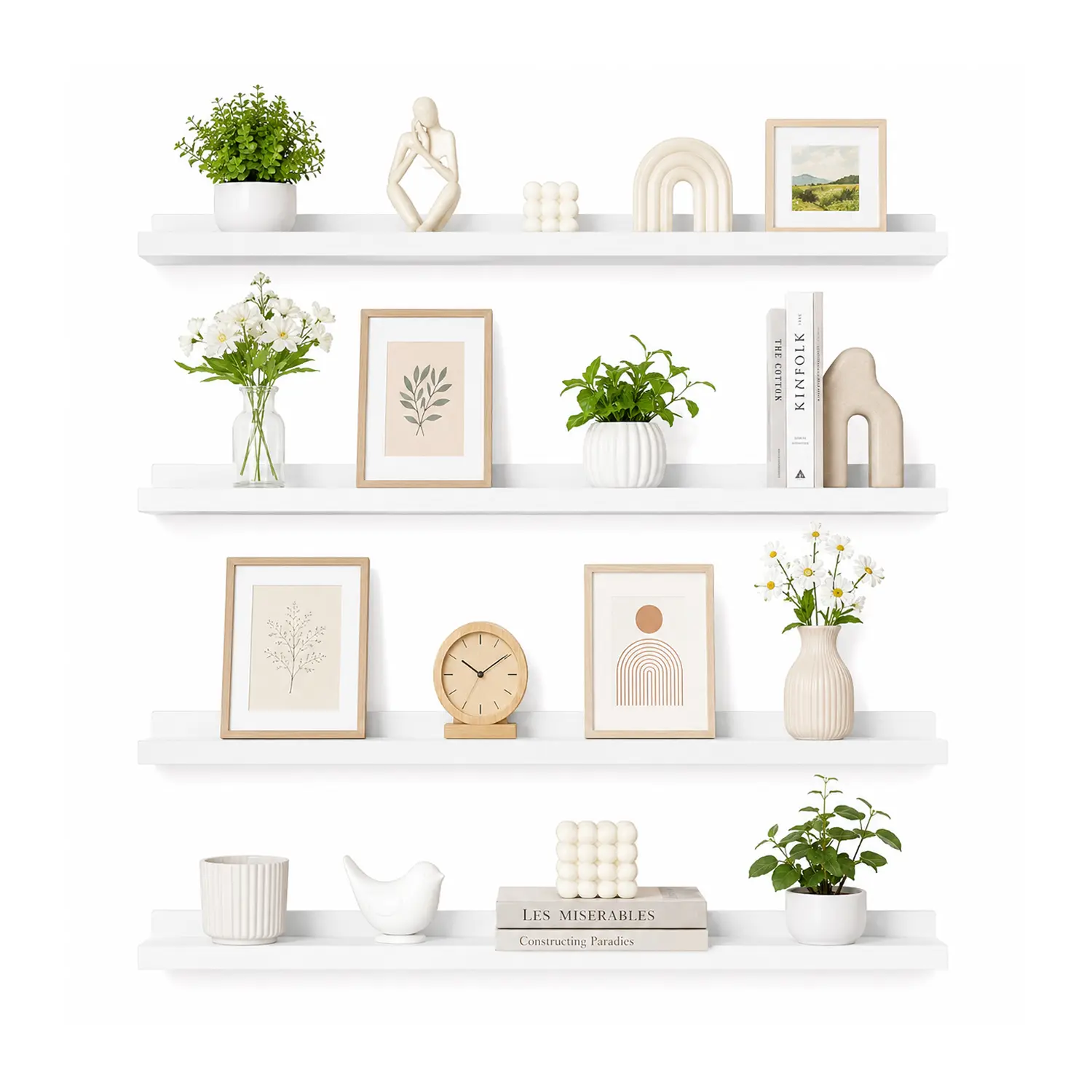 24-Inch MDF Wood Floating Wall Shelves Set of 4, White Wall Decor with Protective Ledge for Photos, Books, Bedroom Items, Display Decor and Storage