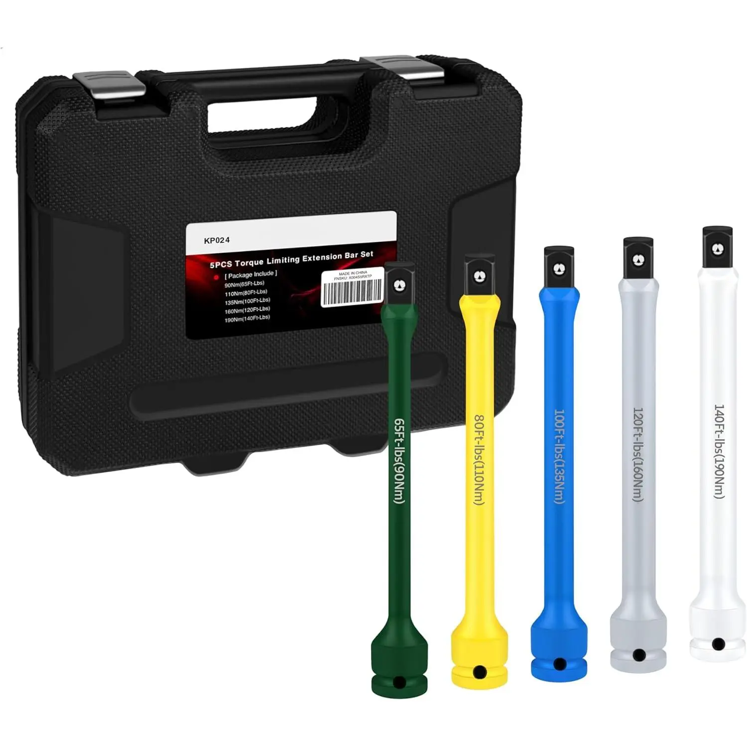 5Pcs 1/2" Drive Torque Limiting Extension Bar Set, 8" Long Torque Sticks (65-140 Ft-lbs), Impact Socket Extensions with Storage Case, Color-Coded, for Lug Nuts, Tire Repair