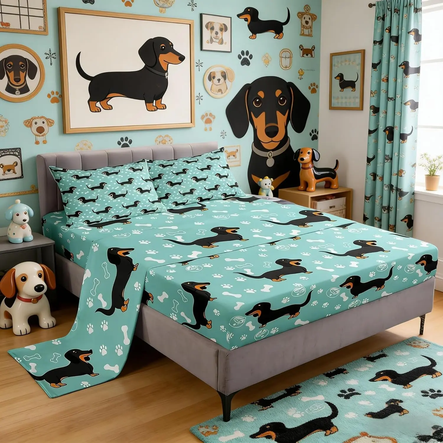Feelyou Super Soft Cute Dachshund Bedding Set - Multi-Size, Deep Pocket Fit, Hand-Sketched Bones & Dog Paws Prints, Flat & Fitted Sheets, Machine Washable, Queen Size Dachshund Print Bedding for Adults