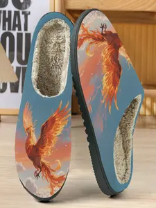 Flame Phoenix Theme Cotton Slippers, Sky Background, Flaming Feather Design, Soft Plush Lining, Casual Home Wear