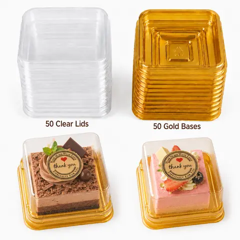 Square Shape Small Size Plastic Bakeware Dessert Boxes Set - 50 Packs, 3-in Transparent Individual Cupcake Containers, 72 Stickers, Baking Utensils, Demoldable Cake Boxes for Mini Cakes, Birthday Gift Ideas, Party Gifts