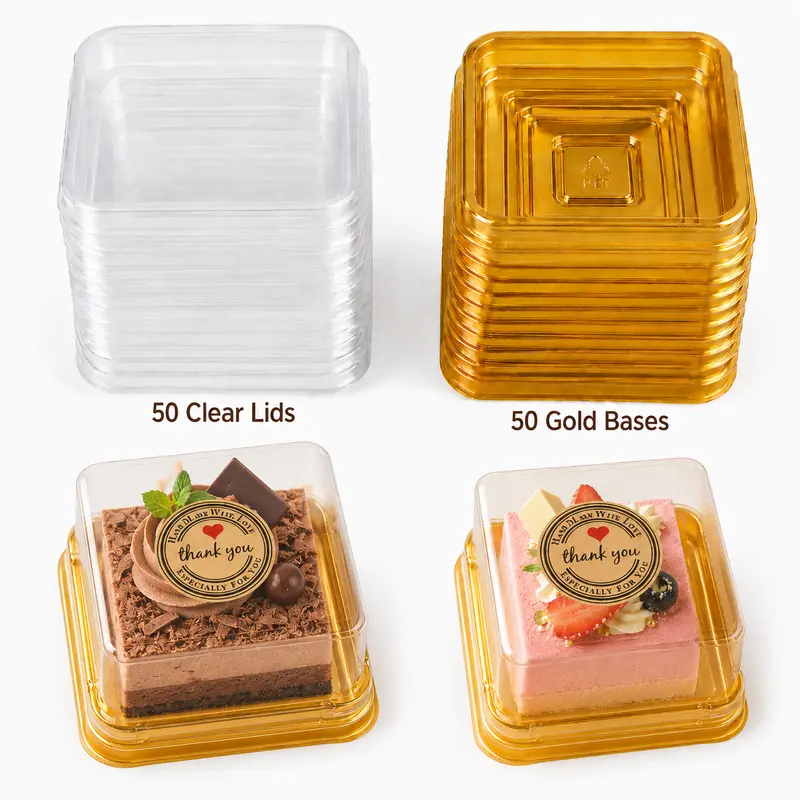Square Shape Small Size Plastic Bakeware Dessert Boxes Set - 50 Packs, 3-in Transparent Individual Cupcake Containers, 72 Stickers, Baking Utensils, Demoldable Cake Boxes for Mini Cakes, Birthday Gift Ideas, Party Gifts