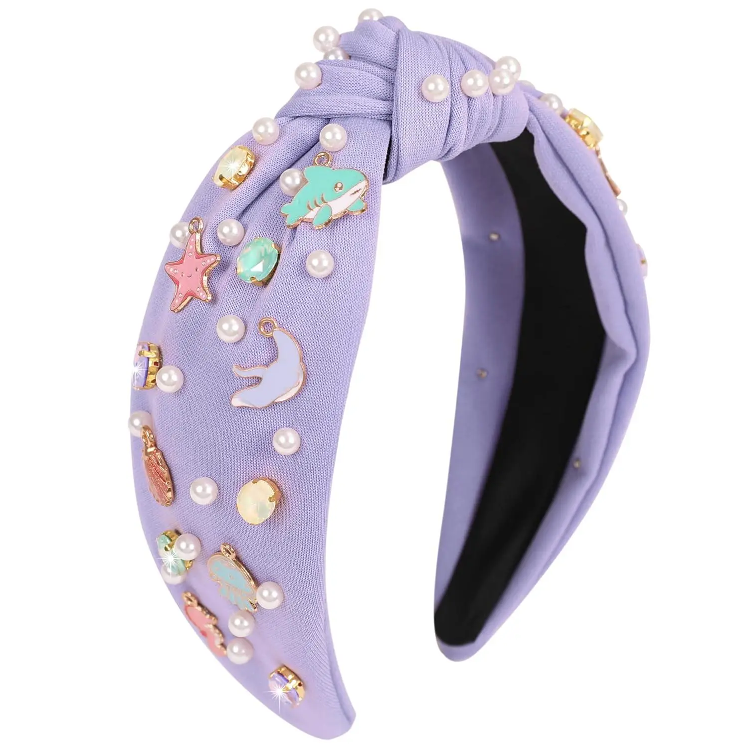 Ocean Knotted headband for Women Starfish Seashell Jellyfish Fish Dolphin Decor Headband Pearl Rhinestone Jeweled Hairband Summer Beach Hair Accessories Holiday Gifts