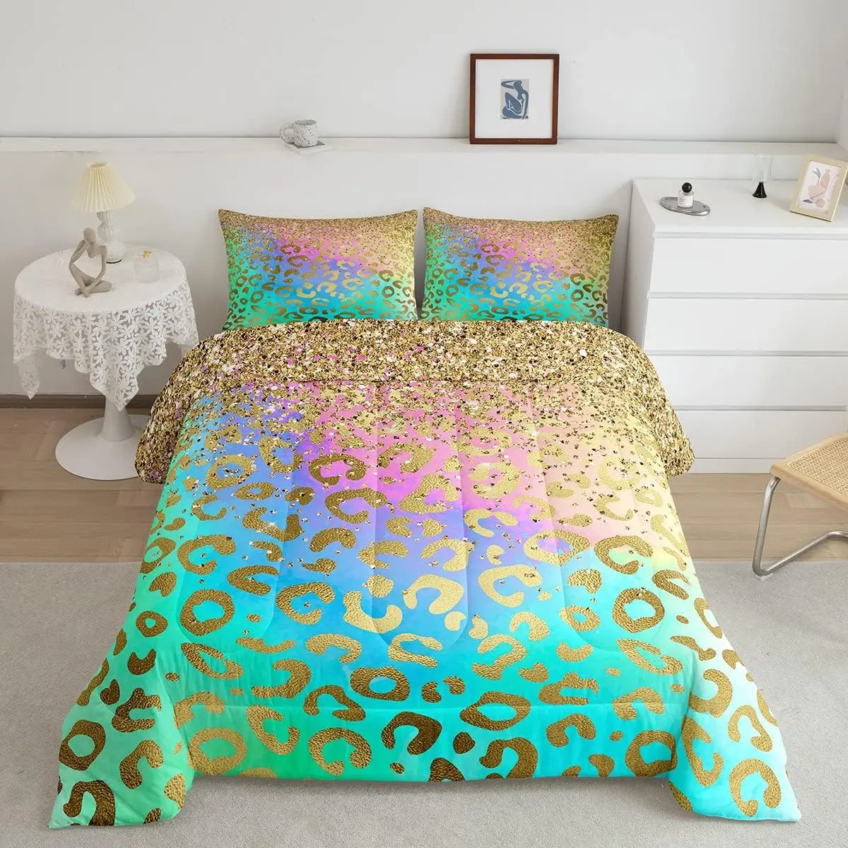 Feelyou Twin-Queen Size Bed Sets - Golden Leopard Digital Print, Animal Theme Quilted Rainbow Microfiber Duvet, Comfy Bedding Set with Lightweight Breathable Fabric, Machine Washable
