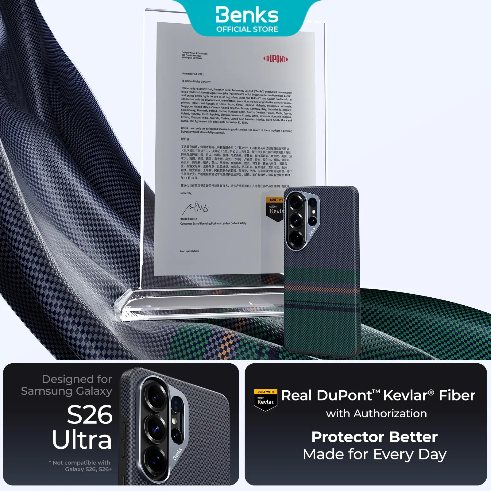 Benks ArmorAurora Protective Casing for Samsung Galaxy S26 Ultra - DuPont 600D Kevlar Smartphone/Cellphone Accessory, Premium Shock-Absorbing TPU Frame, Aluminum Camera Guard, Precise Lens Cover, MagSafe Support, UV Excimer Coating