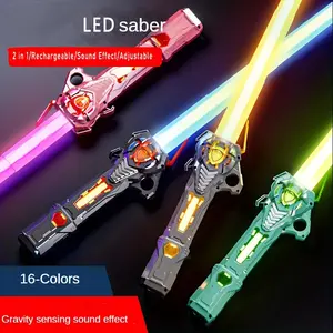RGB Light up Saber for Kids, Scalable Saber USB Rechargeable Light Sword 16 Colors RGB Laser Sword with Gravity Sensor Sound Effect Flashing saber Toy 2 in 1 Flashing Stick Space Sword Light Up Toys for Kids