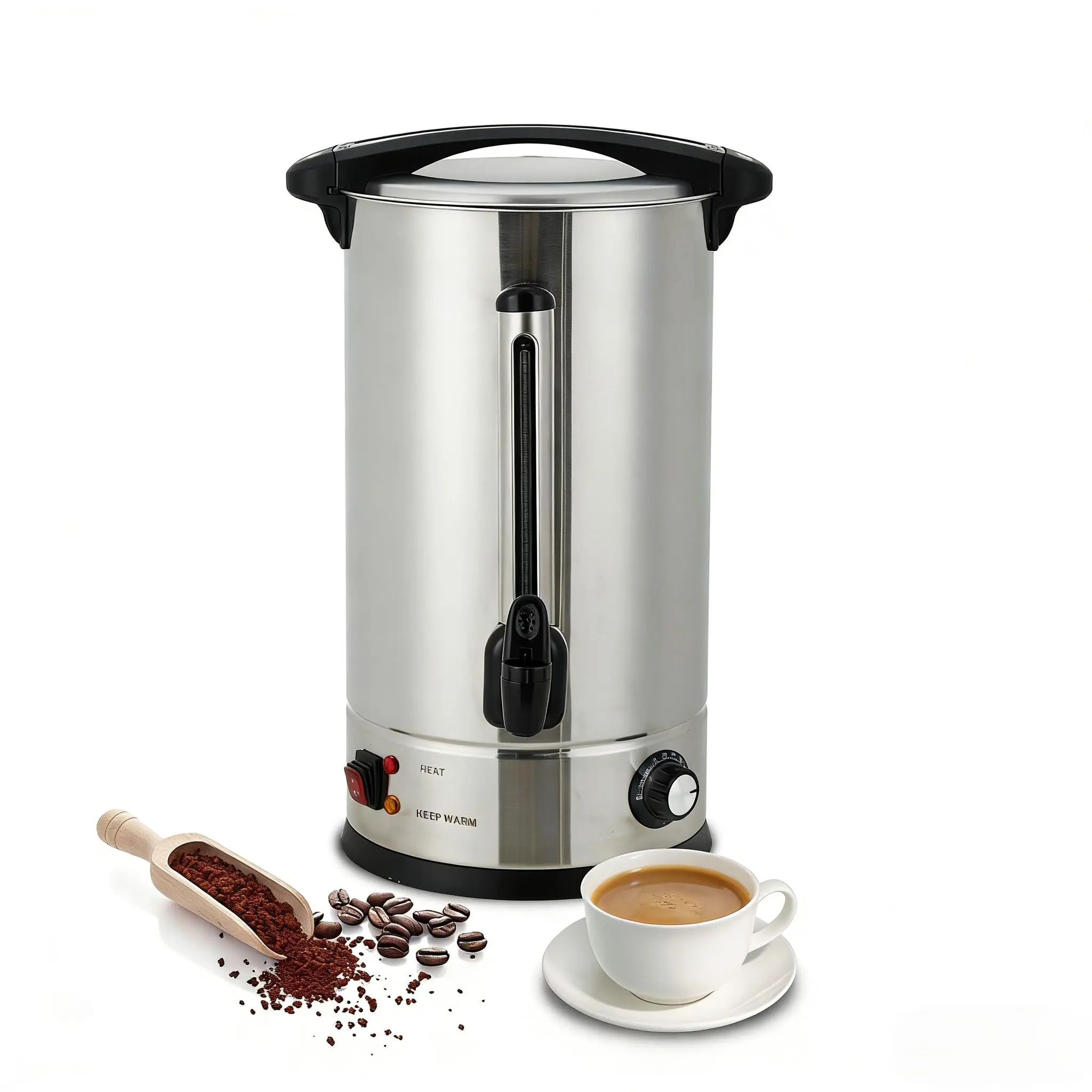 14L/16L Commercial Coffee Urn, 100-110 Cup Double-Wall Stainless Steel Percolator, Large Electric Hot Water Dispenser & Coffee Pot for Catering, Buffet, Events & Weddings (Silver/Black)