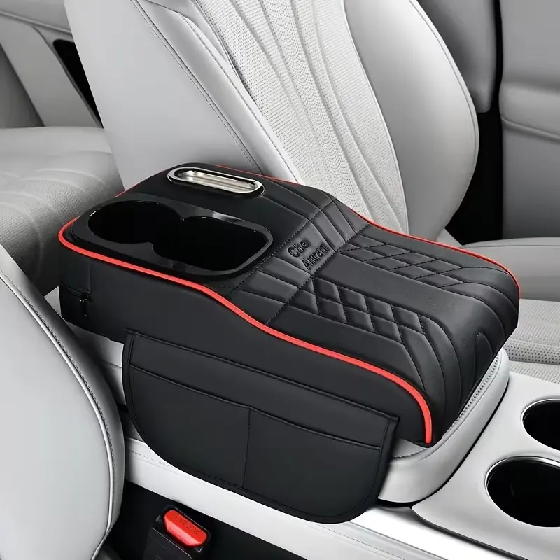 Car Center Console Armrest Cushion with Cup Holders, Non-Slip PU Leather Armrest Pad, Automotive Interior Cushion with Storage Pockets, Car Interior Cushions, Universal Fit for Most Cars, SUVs and Trucks