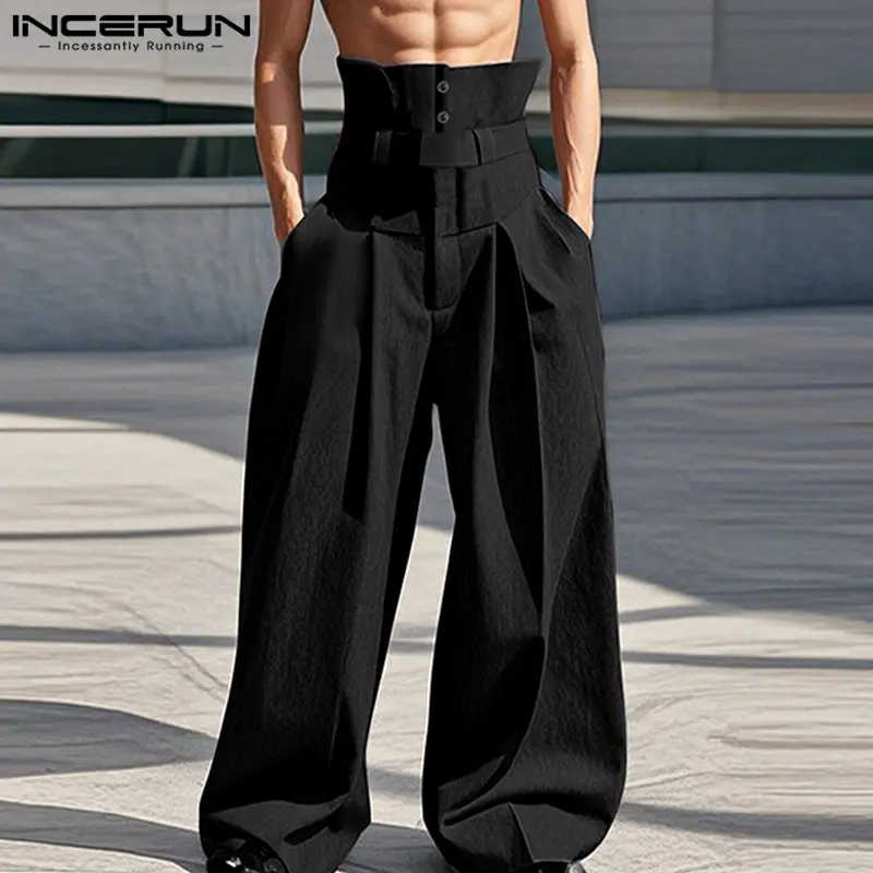 INCERUN Men's Solid High-Waisted Wide-Leg Pants with a Loose, Draping Fit for Simple Casual Fashion, Black, Casual Fashion Pants, Men's Pants,clothes for back to school,first day of school outfits