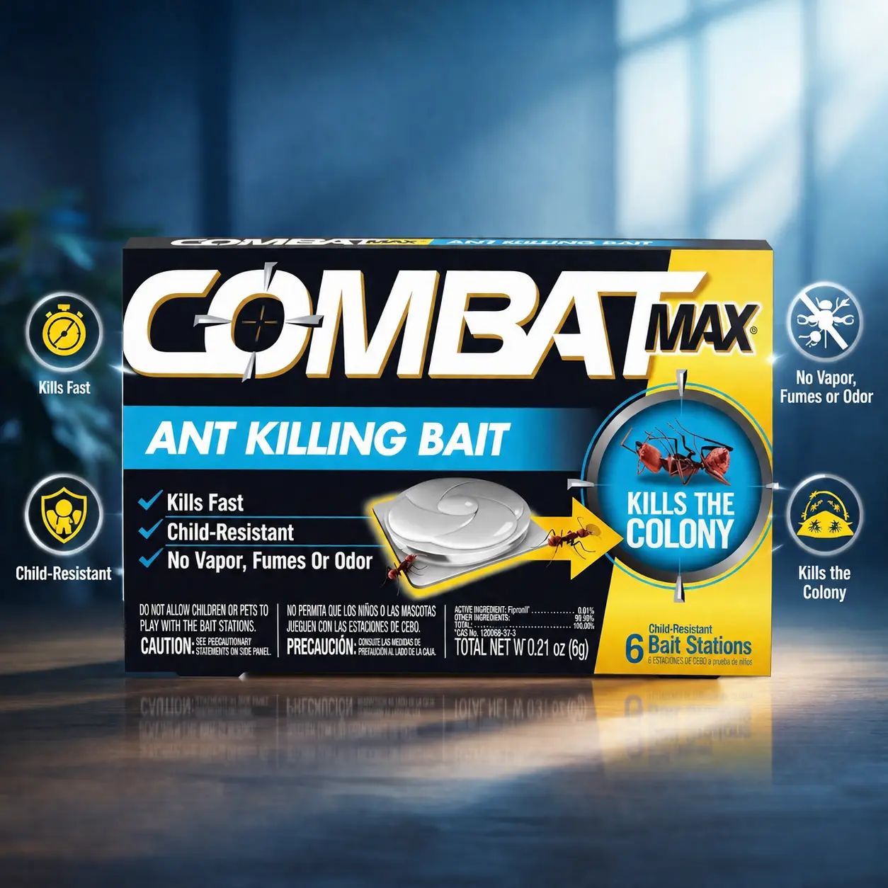 Combat Max Ant Killing Bait Stations - Household Insect Control, 6-Count Child-Resistant, Fast-Acting Fipronil Bait, Discreet Indoor/Outdoor Use, Targets Queen, Larvae & Entire Colony, Odor-Free Mess-Free Gel Insecticide