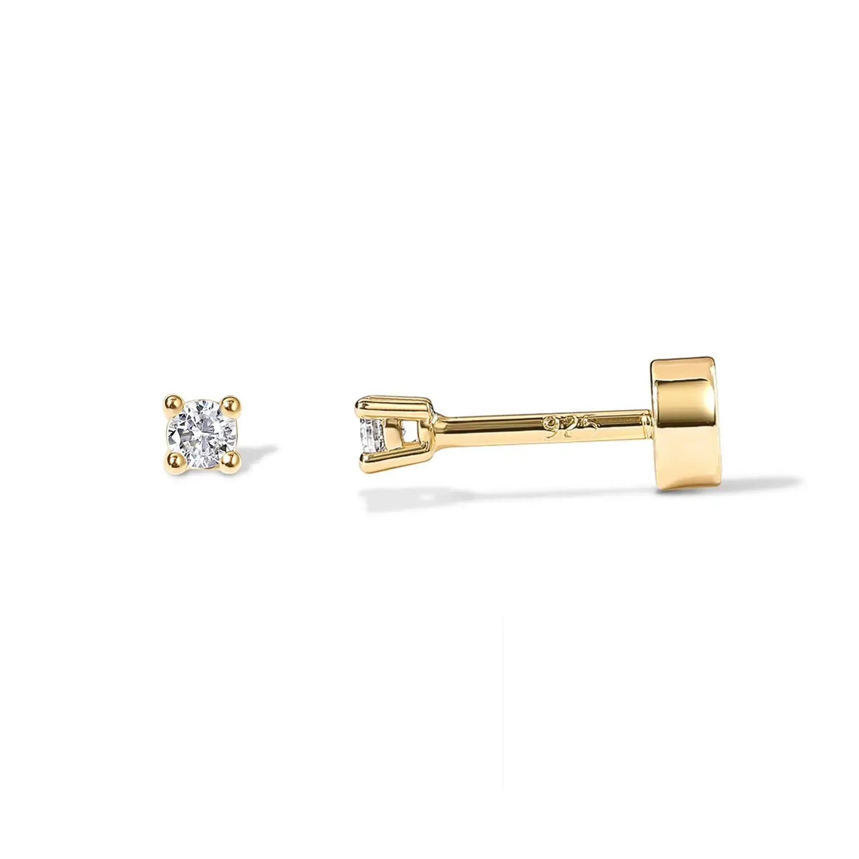 PAVOI 14K Gold Plated Sterling Silver Cubic Zirconia Stud Earrings for Women | Small Flat Back Earrings | Cartilage & Helix Piercing Jewelry