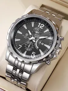 Men's Omega Business Large Dial Steel Band Multi-Function Digital Calendar Analog Quartz Watch