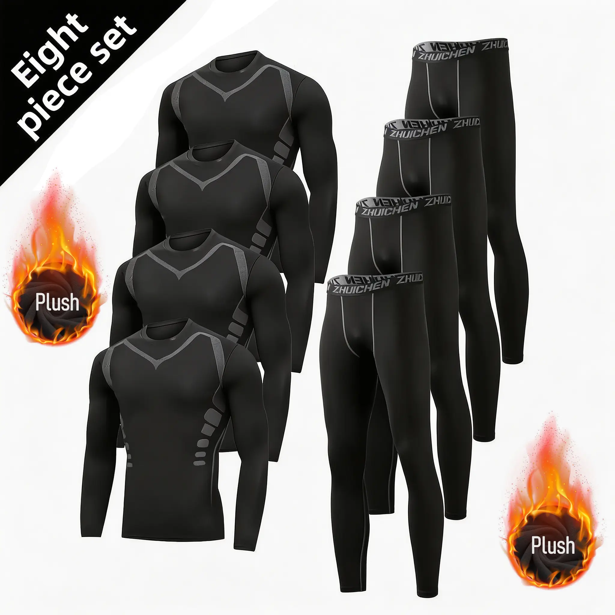 8pcs Fleece Sports Outfit for Men Breathable Durable 3-piece Formal Suit Casual Color Block Stretch Performance Fabric Tight-fitting Long Sleeve Top Sun Hoodie Shirt Sporty Yoga Set summerwins,summerwins