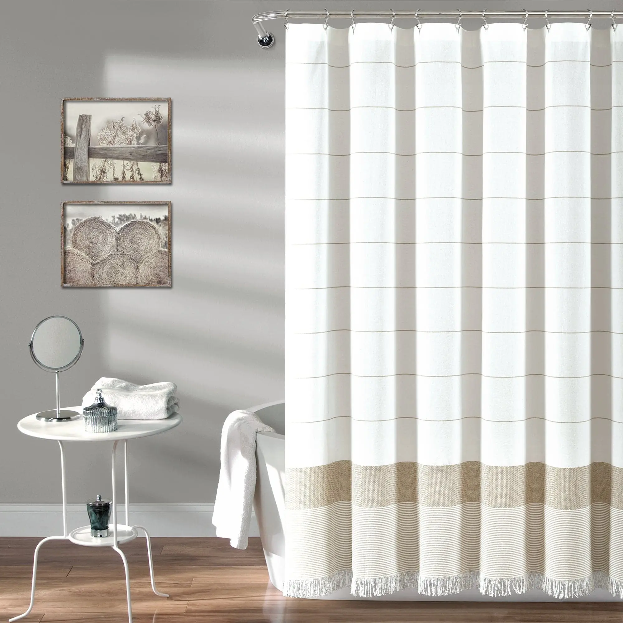 Lush Decor Yarn-Dyed Stripe Woven Cotton Blend Shower Curtain, 72x72 in, Farmhouse Boho Style, Textured with Tassel Fringe, Bathroom Supplies, Traditional, Recycled Boho Pattern Shower Curtain, Boho Pattern Shower Curtains