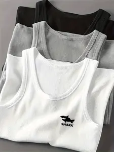 Unisex "SHARK" Ribbed Tank Top 3-Pack – White/Gray/Black, Minimalist Streetwear Aesthetic, Stretchy Ribbed Fabric, Slim Fit, Perfect for Layering & Casual Wear, Durable High-Quality Print, Ideal for Daily Wear/Summer, Must-Have Basic Tank Set