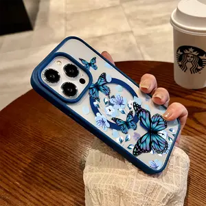 Blue Butterfly Pattern Phone Case for iPhone X/XS/Xs Max 11 12 13 14 15 16 Pro Max Plus, Anti-Drop Protector Compatible with Clear