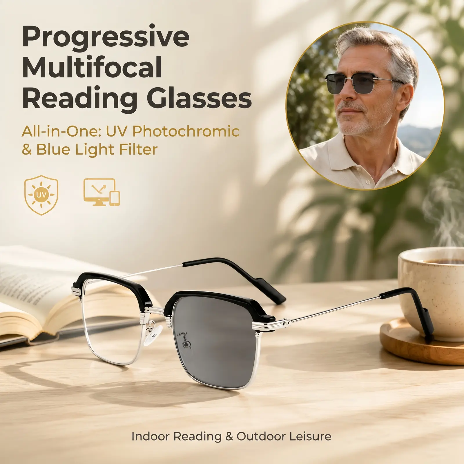 Photochromic Blue Light Blocking Reading Eyeglasses - Lightweight Semi-Rimless Unisex Frame, UV400 Protection, Classic Design, Multiple Diopters, Single Pair Box Packaging for Indoor/Outdoor Use