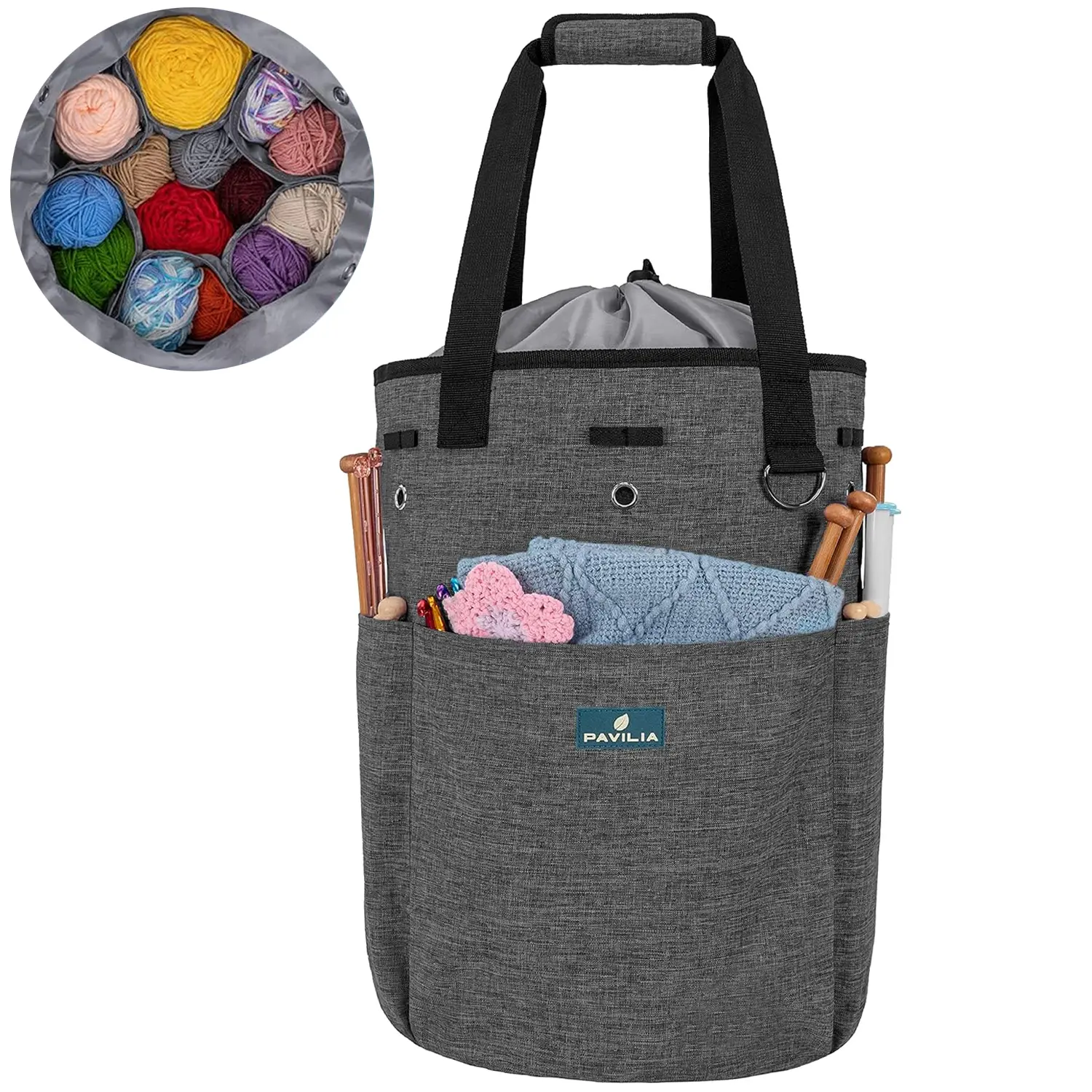 PAVILIA Crochet Bag Knitting Bag Organizer, Yarn Bag Storage Tote for Crocheting On The Go, Knitting Accessories Supplies Holder with Grommets, Gift for Crochet Lovers Knitters