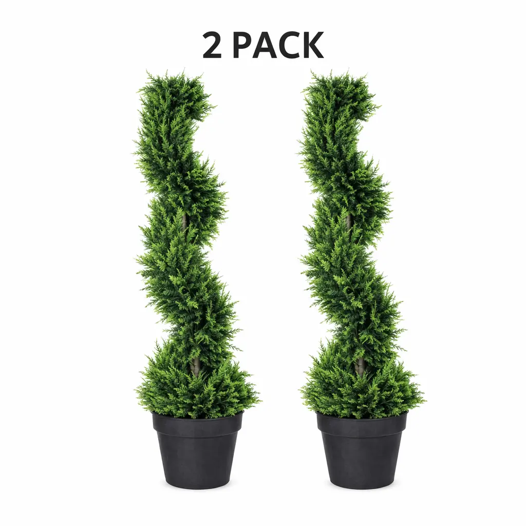 Set of 2 37-in Artificial Boxwood Cedar Spiral Topiary Trees with Planter Pots - Sturdy Artificial Shrubbery, Hyperrealism, Fade-Resistant Plant Decor for Bedroom Decoration, Long-Lasting Home Supplies