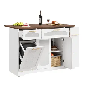 Garvee 53" Rattan Kitchen Island Cart with Mobile Wheels, Drop Leaf Table, Tilt-Out Trash Can, Storage Cabinet with Adjustable Shelves, Drawers, Spice Rack, and 2 Doors in White, Oak, and Black