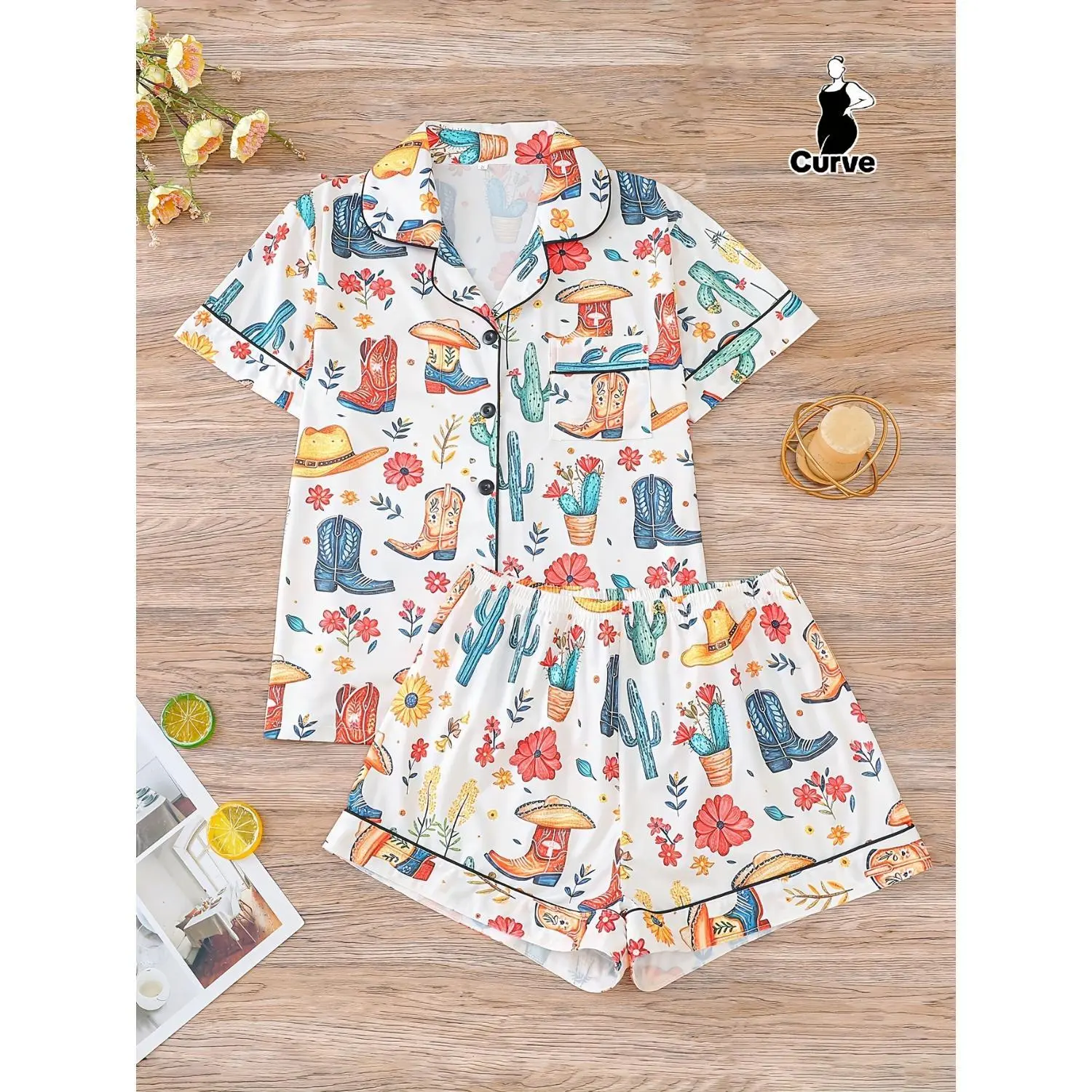 Women's Plus Size Western Cowboy Print 2-Piece Pyjamas Set - Shortsleeve Collared Button-Up Shirt, Loose Fit Elastic Shorts, Breathable All Seasons Casual Sleepwear & Loungewear, Stretch Fabric