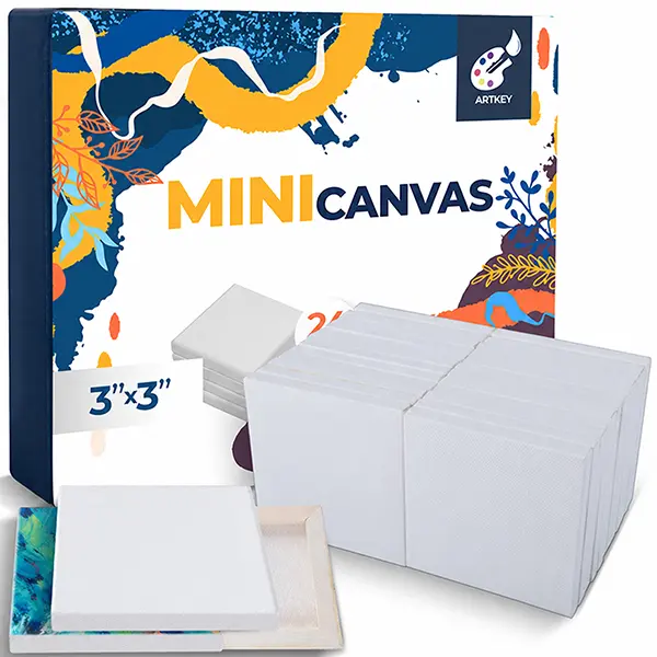 Artkey Mini Canvas Set, 3x3 Inch, 24-Pack Small Square Canvases (100% Cotton, 2/5" Profile) for Acrylic, Oil, Watercolor & DIY Crafts