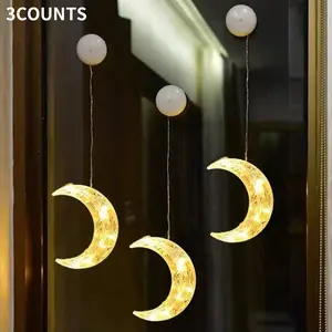 3 LED Moon Suction Cup Lights Window Decorations, Ramadan Festival Indoor Window Family Gathering Atmosphere, Home Decoration, Home Ornament, LED Party Light, Decorative Lights