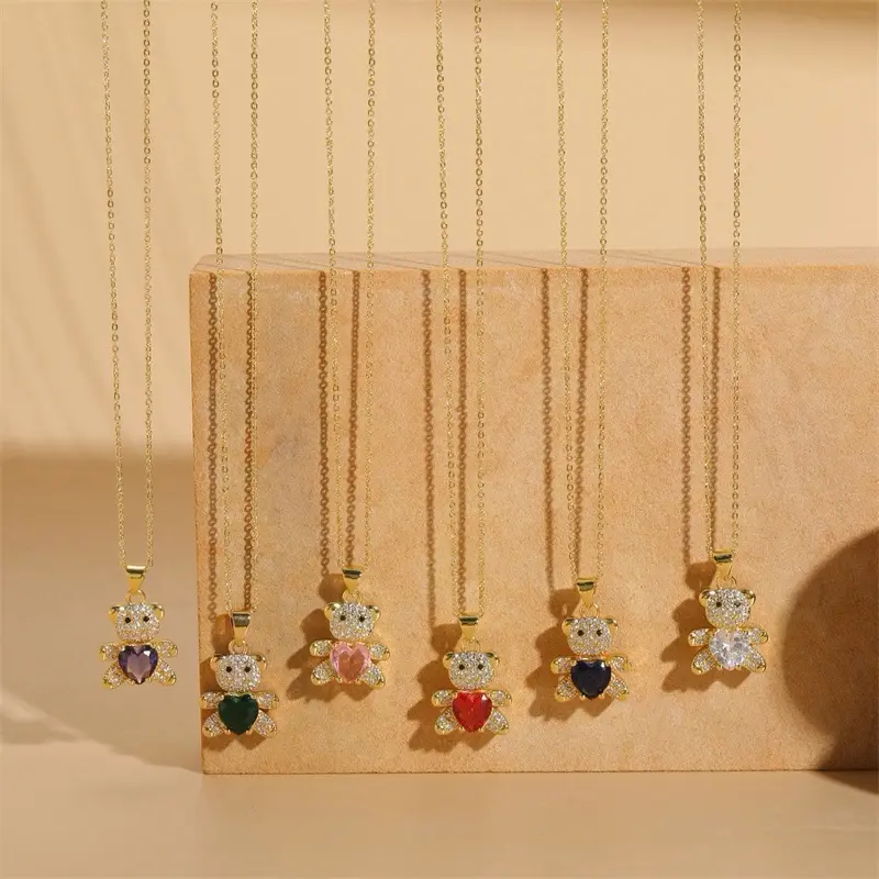 Cubic Zirconia Bear Necklace Red Heart Crystal Teddy Bear Necklace Cute Animal Bear Pendant Necklace Gold Thin Chain Necklace Jewelry for Women