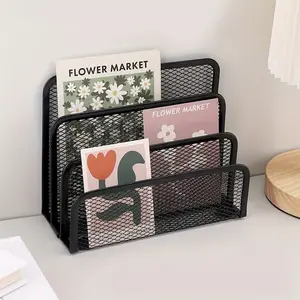 Three-Tier Metal Mesh Desktop Organizer, Vertical Divider Desk Folder, Storage Rack for Mail, Paper, Envelopes, Bills, Magazines, Home Compact Storage Shelf, Office Supplies Organizer