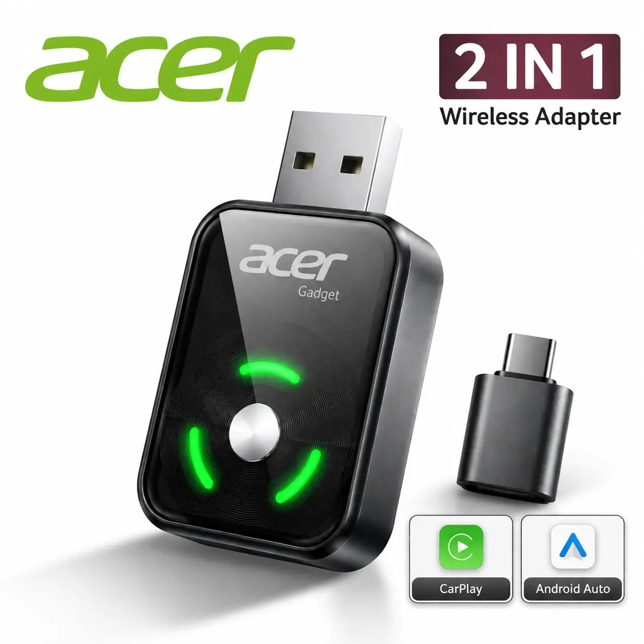 Acer 2027 New Wireless CarPlay Adapter - CarPlay Converter, 2-in-1 Wireless Apple CarPlay & Android Auto Adapter for iPhone & Android, Quick Connection, Auto Reconnect, One-Button Switching, USB-A/USB-C
