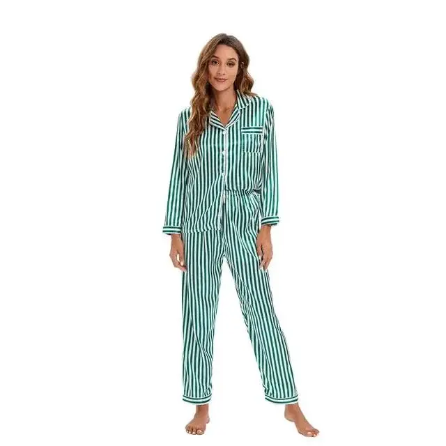 Two Piece Set Pajamas for Women Striped Satin Silk Sleepwear