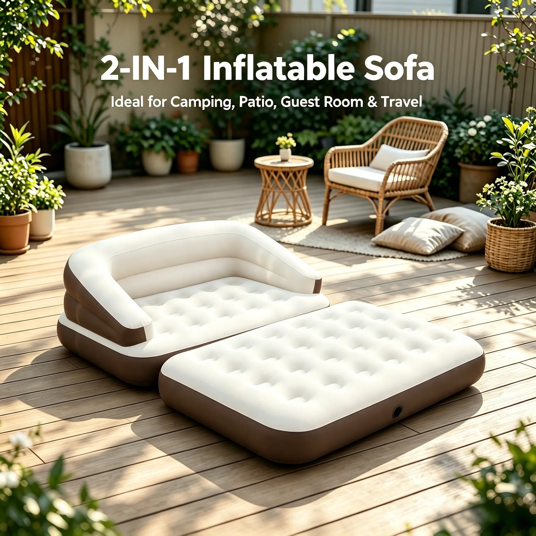 5-in-1 Inflatable Folding Lounge Bed, Deep Seat High-Back Inflatable Couch Bed, Collapsible Indoor/Outdoor Air Sofa – Ideal for Napping, Camping, Travel, Backyard and Temporary Sleep, Free Filling Pump Included