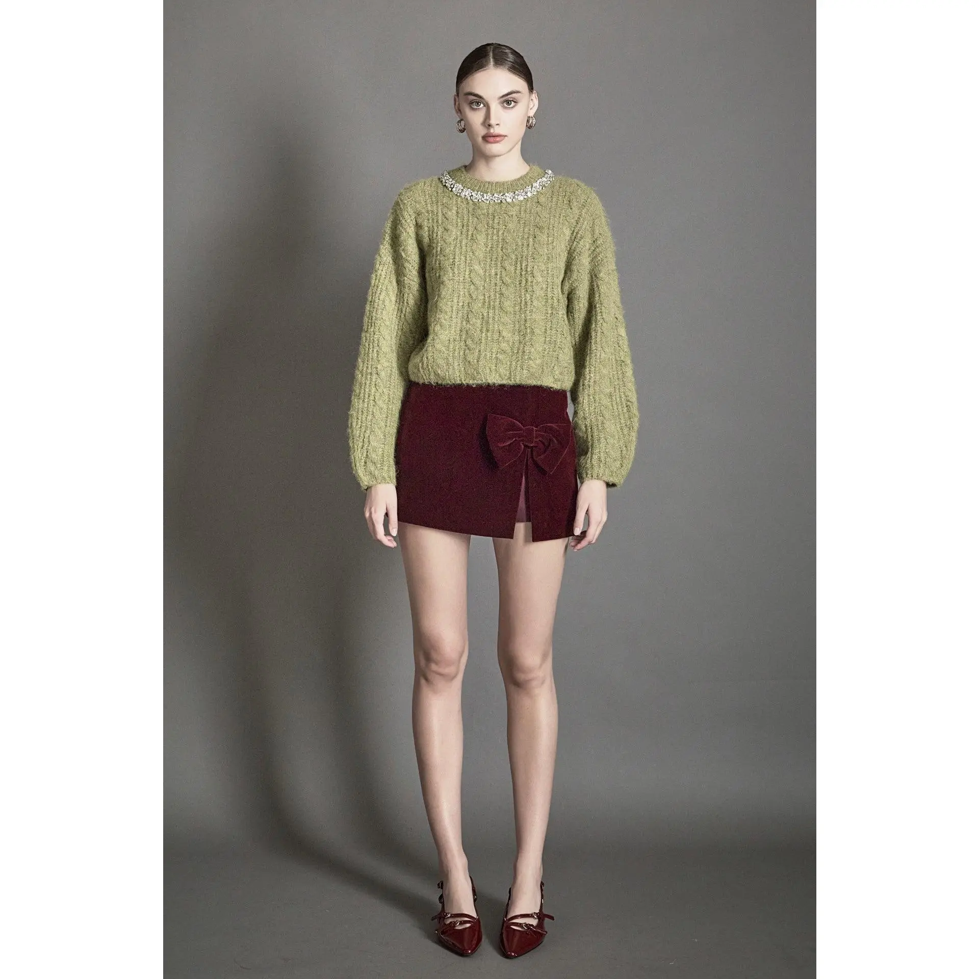 Jewel Embroidered Fuzzy Cable Knit Chunky Sweater Jewel Embroidered Fuzzy Cable Knit Chunky Sweater