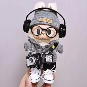 Labubu Doll Clothes Set 7PCS – Fashion Hat, Glasses, Hoodie, Headphones, Shoes & Camera Accessories (Labubu Not Included)