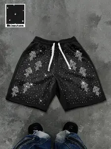 Men's Summer Rhinestone Print Shorts, Athleisure Street Shorts, Punk Y2K Street Style, Drawstring Pockets, Loose Fit, Casual Daily Wear, Hip-Hop Fashion