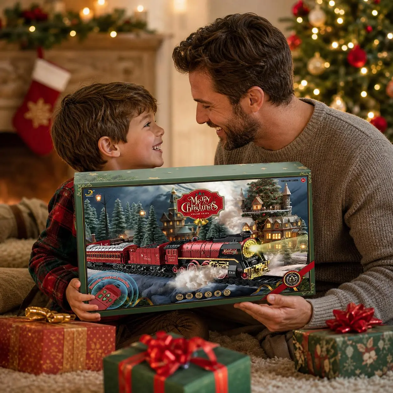 Lighted Christmas Train Set with Remote Control, Steam Mist Classic Railway Toy with Sound & Whistle for Kids Gift