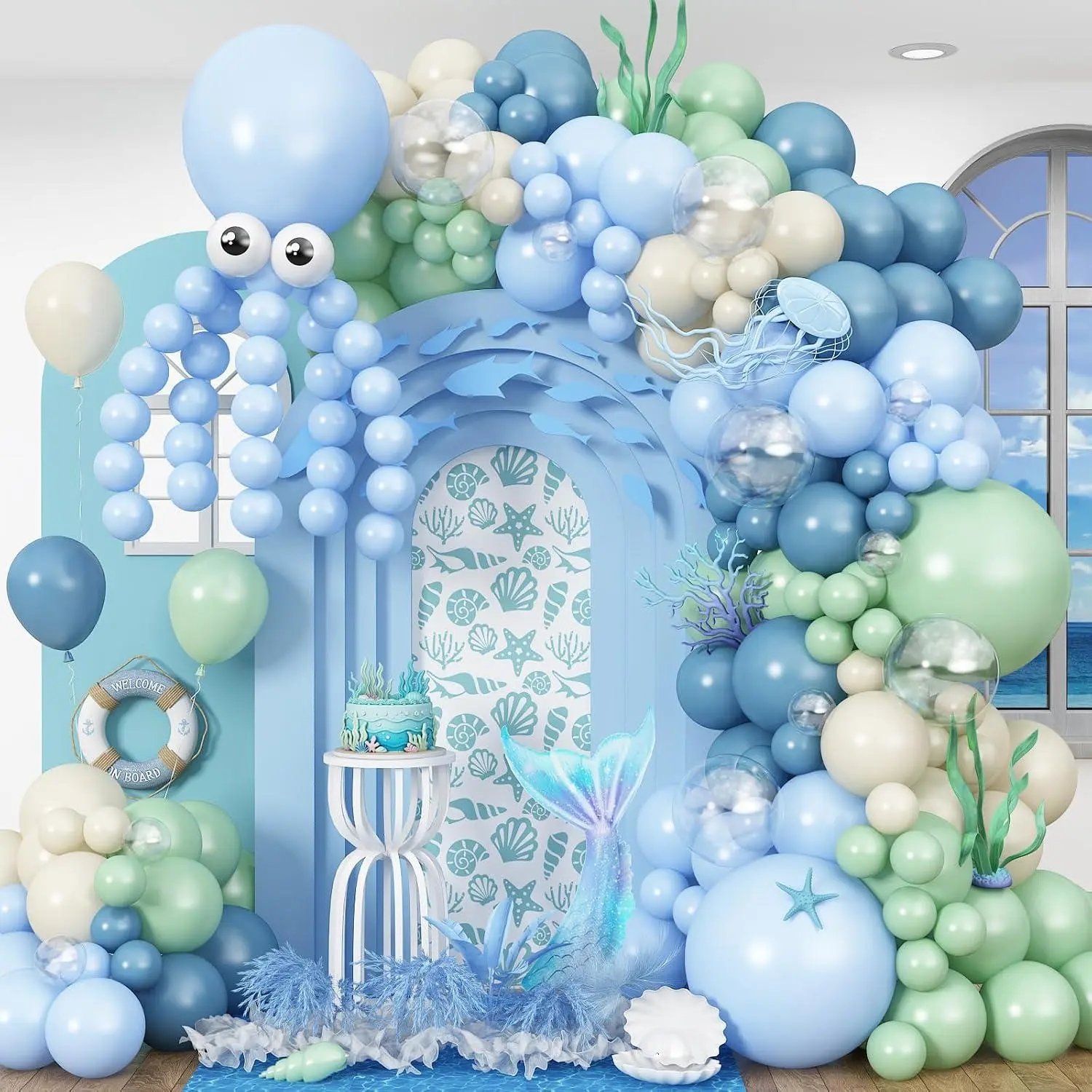 Under The Sea Balloons Garland Arch Kit, 152Pcs Octopus Themed Balloons Arch For Ocean Birthday Baby Shower Sea Animal Beach Pool Party Decorations With Clear Dusty Blue White Light Green Blue Balloon
