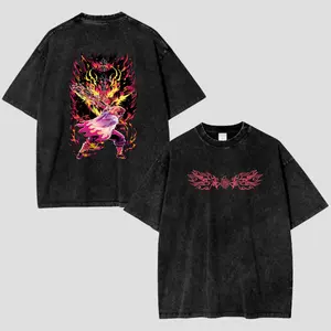 Rengoku Demon Slayer Infinity Castle Acid Wash T-Shirt & Hoodie, Anime Double-Sided Graphic Tee, Vintage Y2K Oversized Unisex Heavy Cotton Streetwear, Kimetsu no Yaiba Manga Aesthetic Crewneck Top, Otaku Gift for Anime Fans
