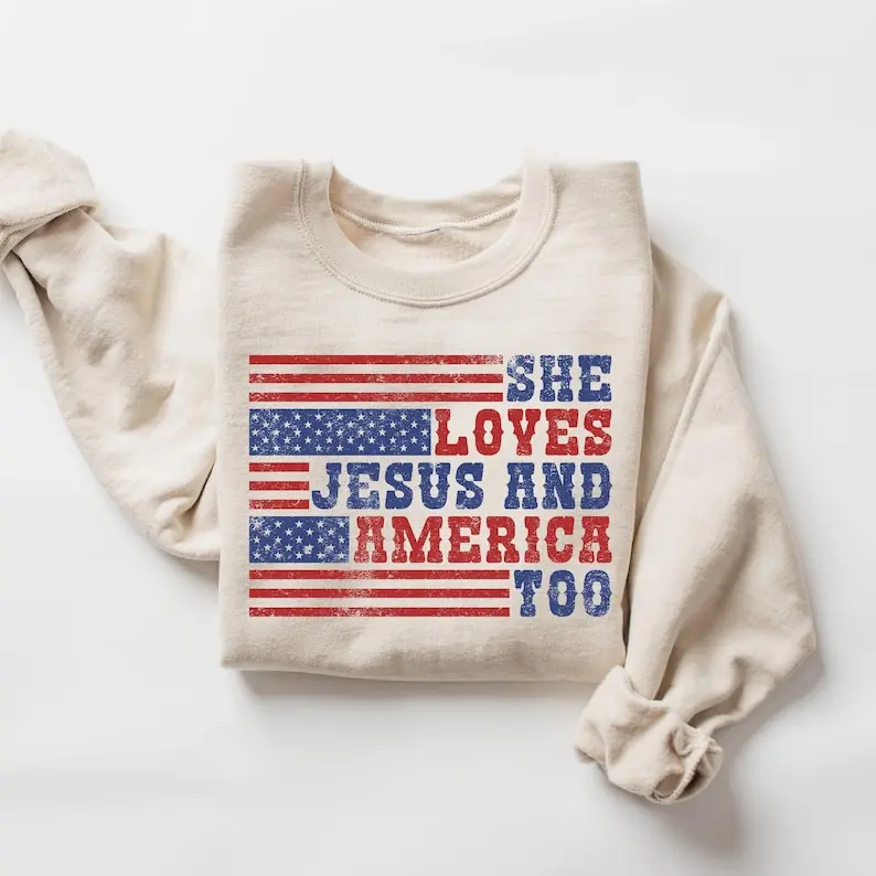 Retro USA Sweatshirt – She Loves Jesus and America Too Crewneck, Women’s Patriotic USA Shirt, 4th of July America Sweatshirt
