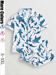 Women's Shark Print Pajama Set Pjs, Short Sleeve Button-Up Top and Elastic Shorts, Casual All-Season Sleepwear, Comfortable Home