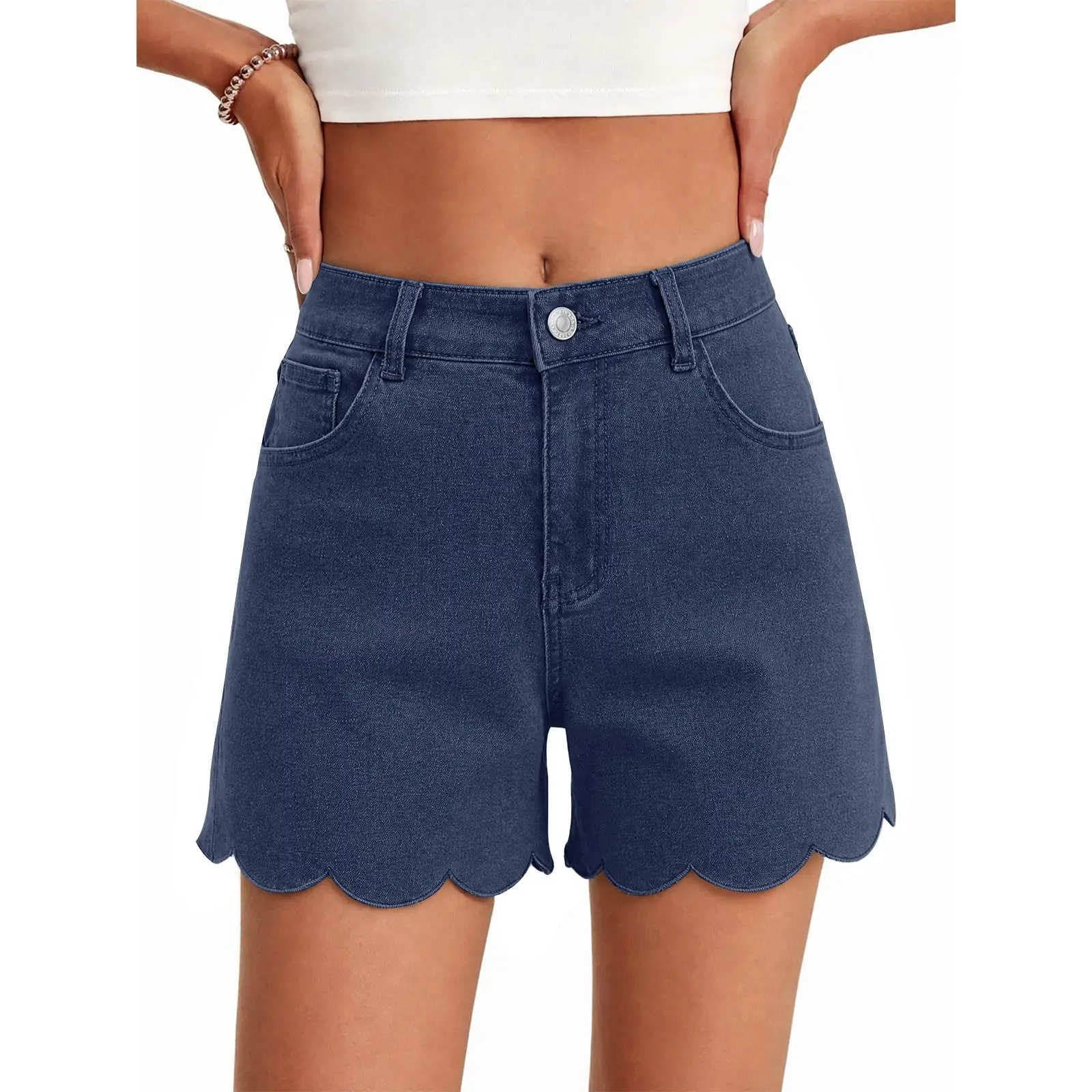 UNCLECAT Women's High Waisted Denim Shorts Summer Straight Leg Wave Hem Casual Trendy Jorts Short Jeans