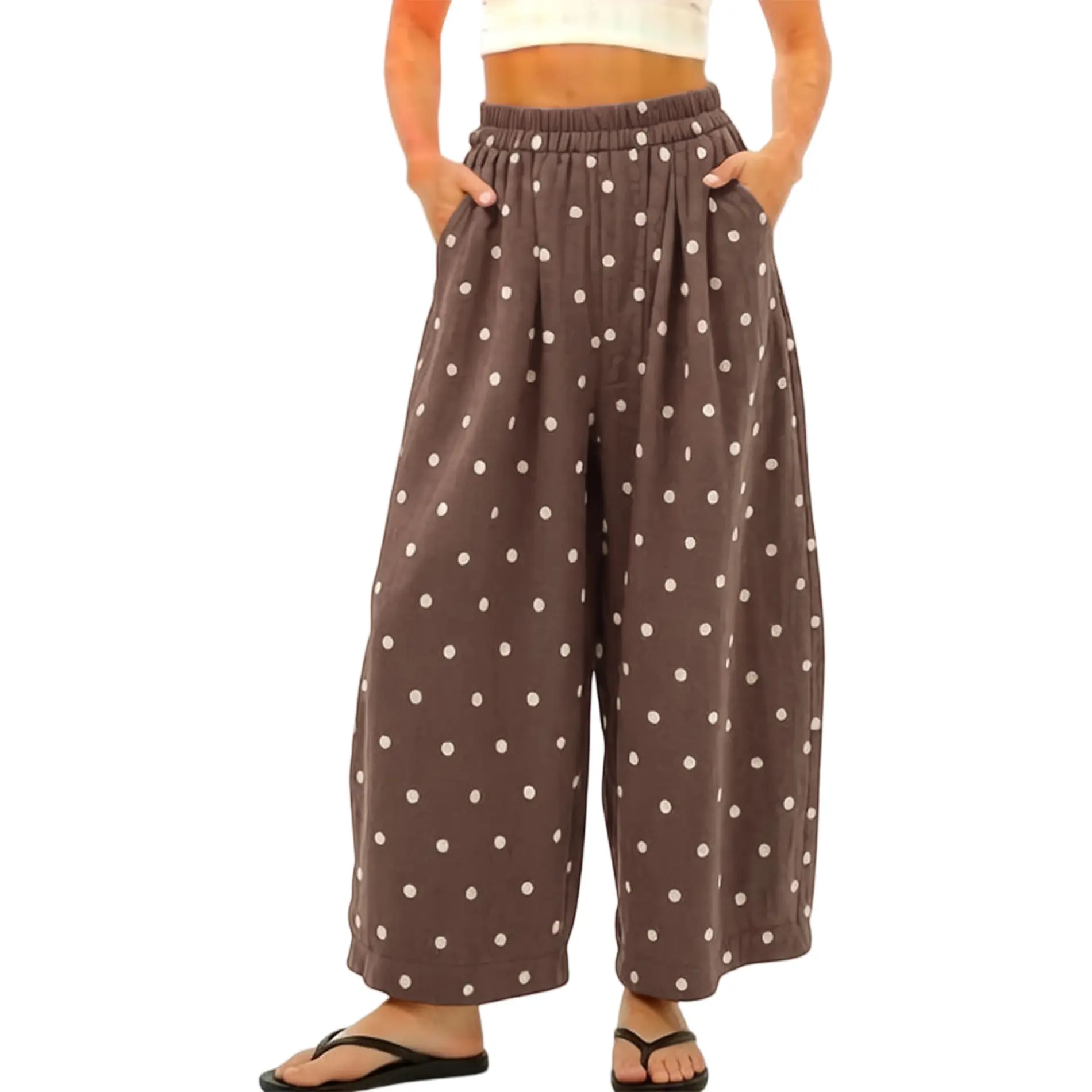 Polka Dot Pants for Women Summer Boho Beach Elastic Waist Palazzo Wide Barrel Leg Pants with Pockets,back to school shopping Shirt Womenswear,clothes for back to school,first day of school outfits