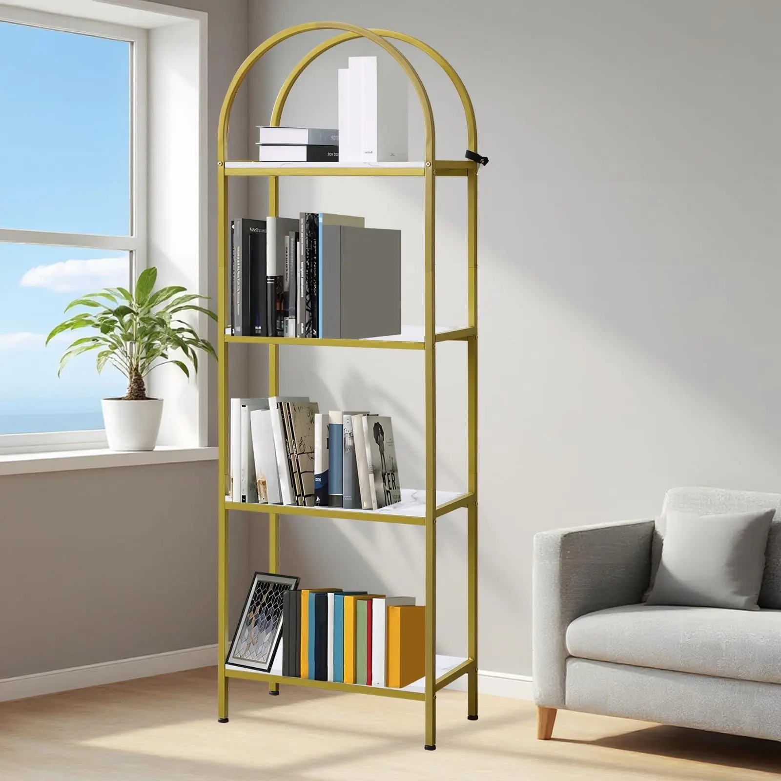 Garvee Bookshelf, bookcase with 4 compartments, shelf with adjustable legs, freestanding shelf, filing shelf for living room or office,Gold